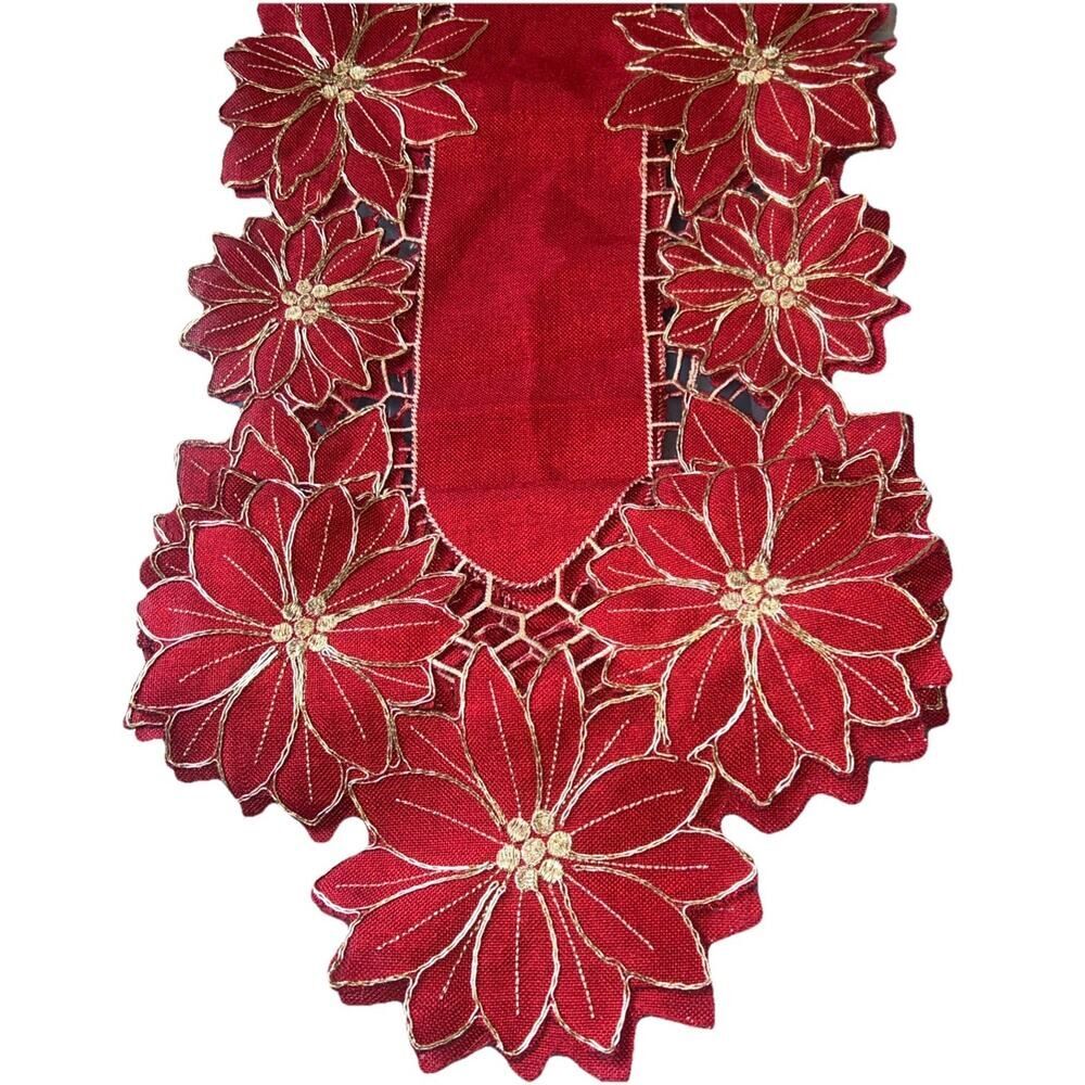 A4 Rachel Ashwell Lined Red Christmas Table Runner Gold Embroidery